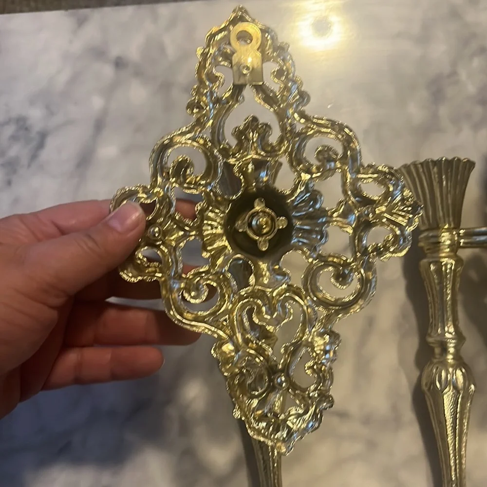 Vintage Gold Tone Ornate metal Hollywood Regency wall Hanging pair candlestick